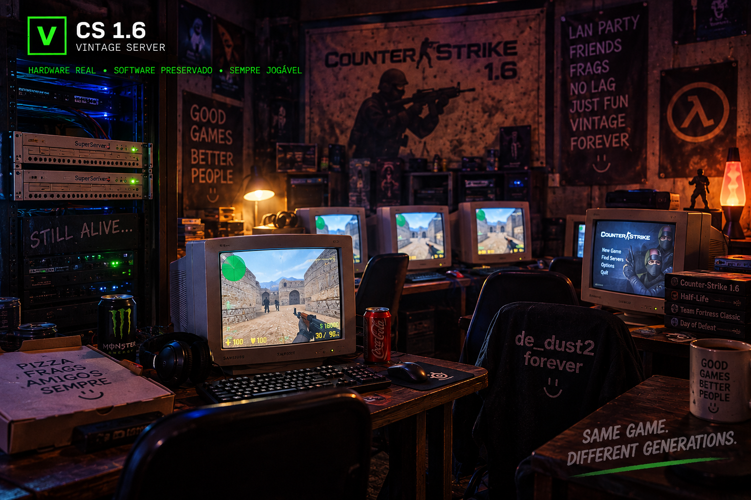 Sala com CRT e Counter-Strike 1.6